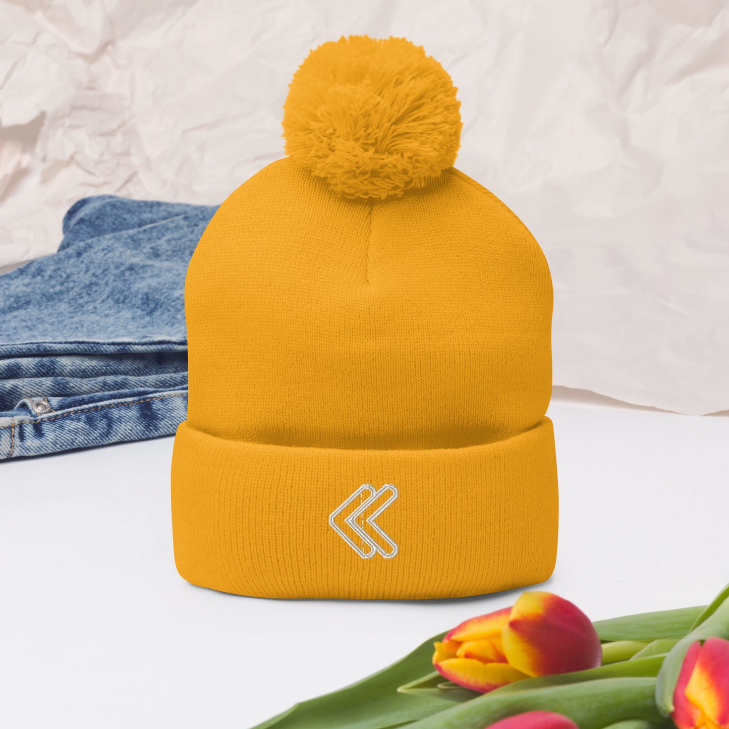 Embroidered Pom-Pom Beanie